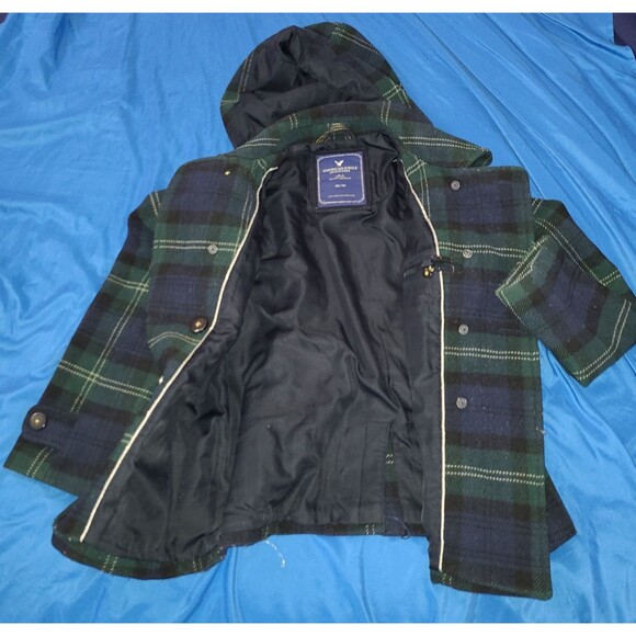 American Eagle Wool Pea Coat Womens Medium Green Blue Plaid Button Pockets *READ - Picture 3 of 10